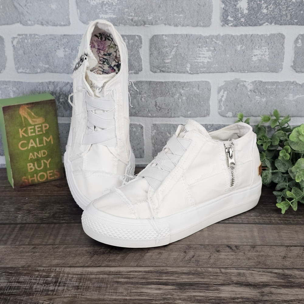 Blowfish Malibu White High Top Sneakers Side Zip Distressed Canvas Womens 8 READ